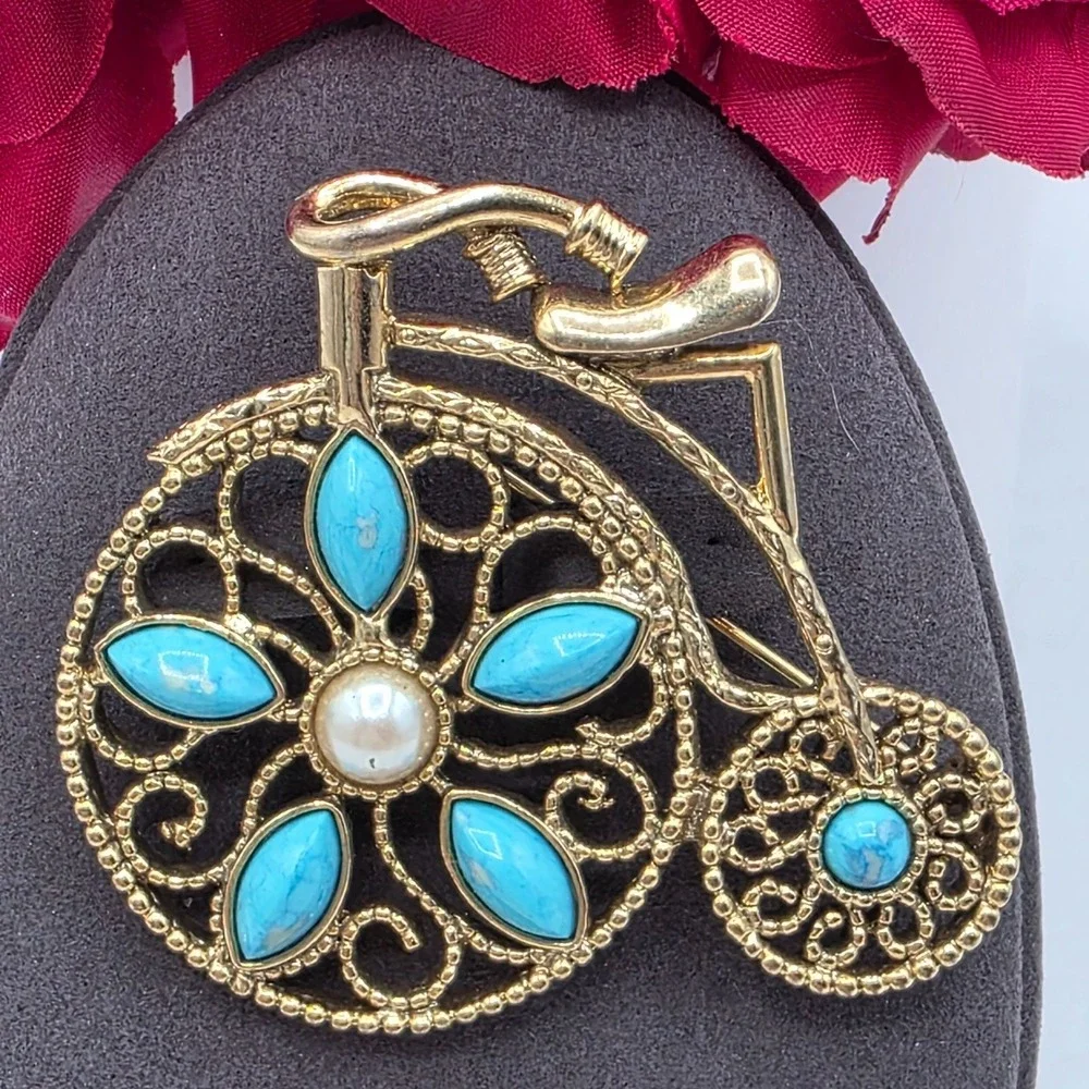 Vintage Bicycle Brooch Gold Tone‎ Turquoise Enamel Pearl Accents Pin Intricate